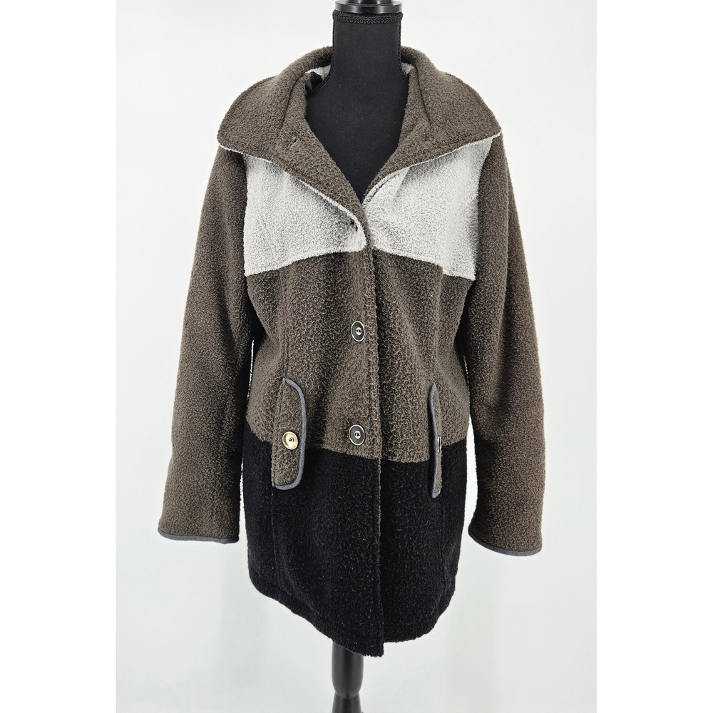 Susan Graver Colorblock Hooded Boucle Fleece Jacket Coat Earthy Gorpcore M EUC